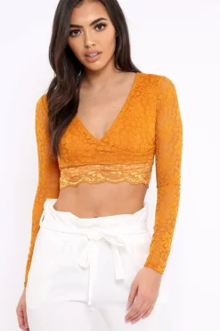 Rebellious Fashion Mustard Lace Plunge Scalloped Hem Crop Top - Elouise