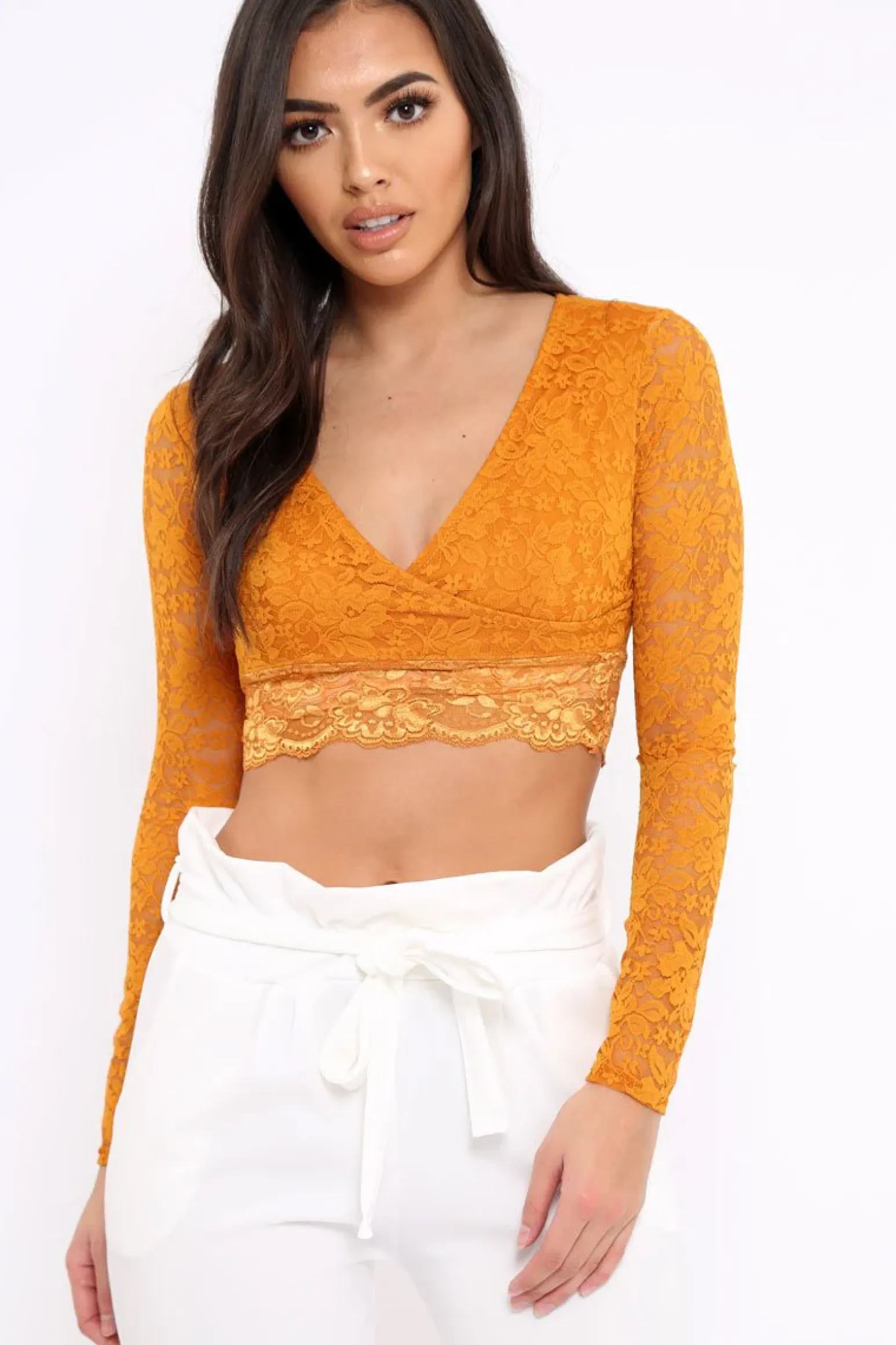Rebellious Fashion Mustard Lace Plunge Scalloped Hem Crop Top - Elouise