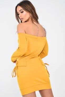 Rebellious Fashion Mustard Lace Up detail Bardot Jumper Dress - Aarna