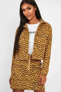 Rebellious Fashion Mustard Leopard Crop Trucker Jacket And Skirt Co-ord - Adalay