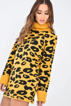 Rebellious Fashion Mustard Leopard Roll Neck Jumper - Deona