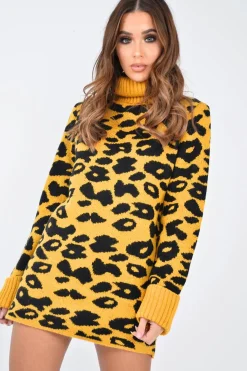 Rebellious Fashion Mustard Leopard Roll Neck Jumper - Deona