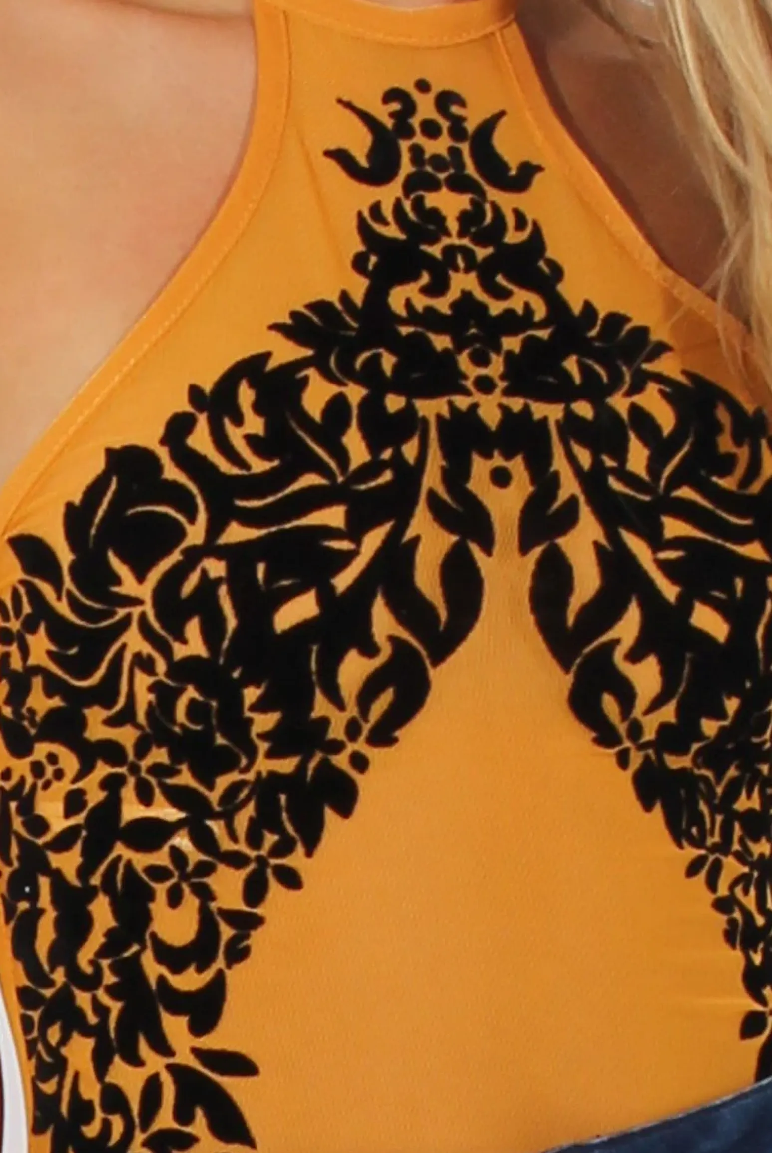 Rebellious Fashion Mustard Mesh Flocked Halter Neck Bodysuit - Annetta