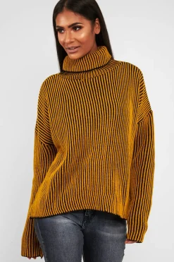 Rebellious Fashion Mustard Ottoman Rib Roll Neck Jumper - Renee