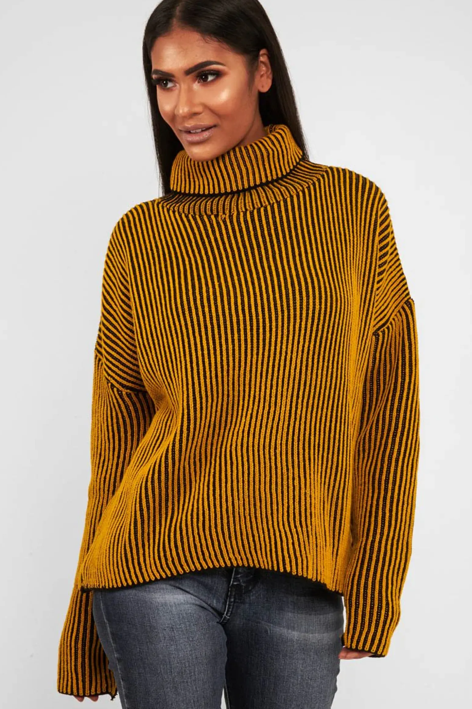 Rebellious Fashion Mustard Ottoman Rib Roll Neck Jumper - Renee