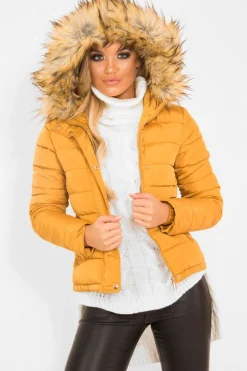 Rebellious Fashion Mustard Padded Coat with Fur Trim Hood - Helena