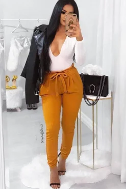 Rebellious Fashion Mustard Paper Bag Tie Waist Cigarette Trousers - Karmen