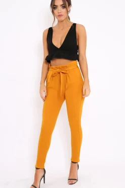 Rebellious Fashion Mustard Paper Bag Tie Waist Cigarette Trousers - Karmen
