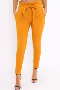 Rebellious Fashion Mustard Paper Bag Tie Waist Cigarette Trousers - Karmen