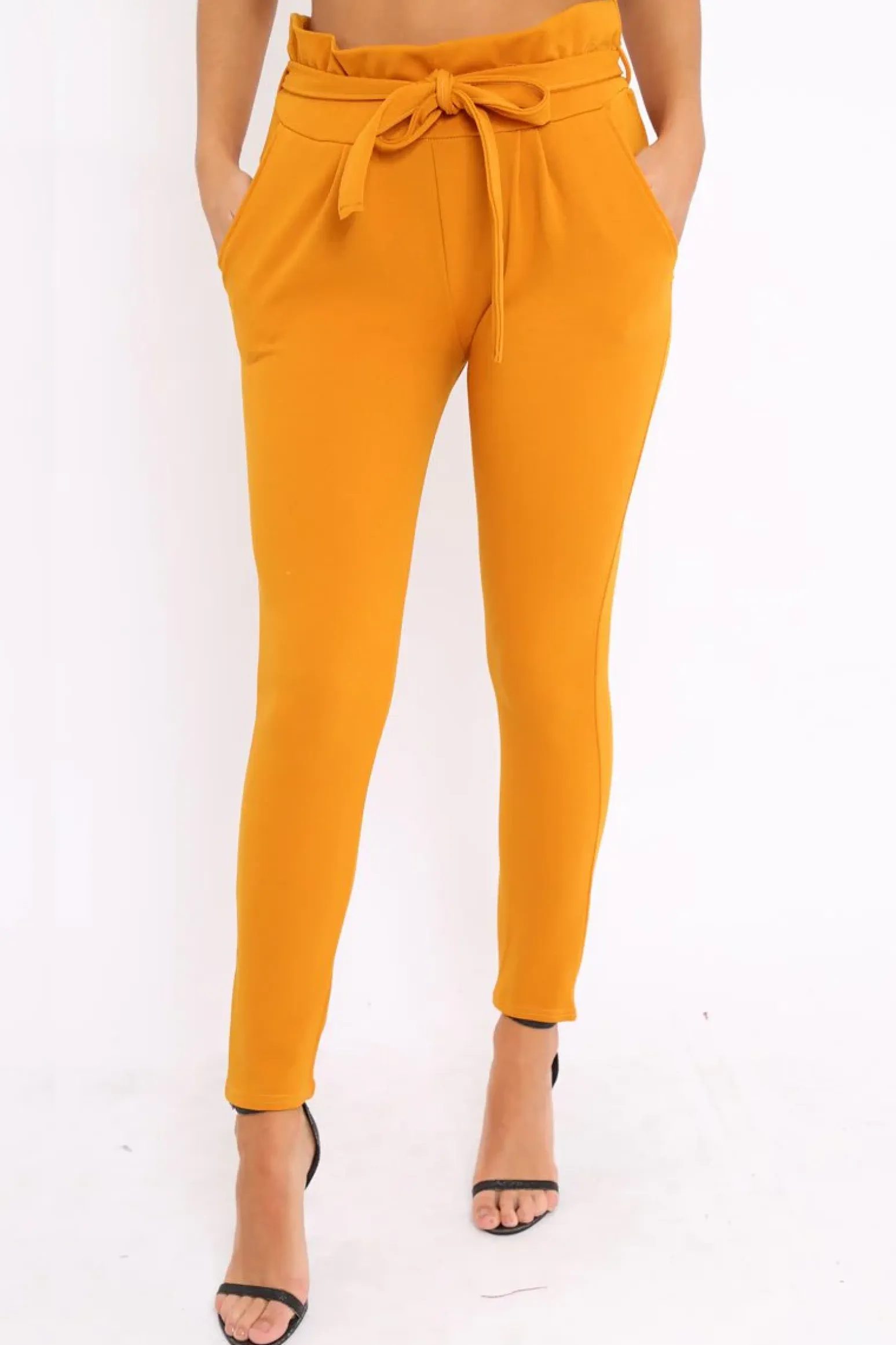 Rebellious Fashion Mustard Paper Bag Tie Waist Cigarette Trousers - Karmen