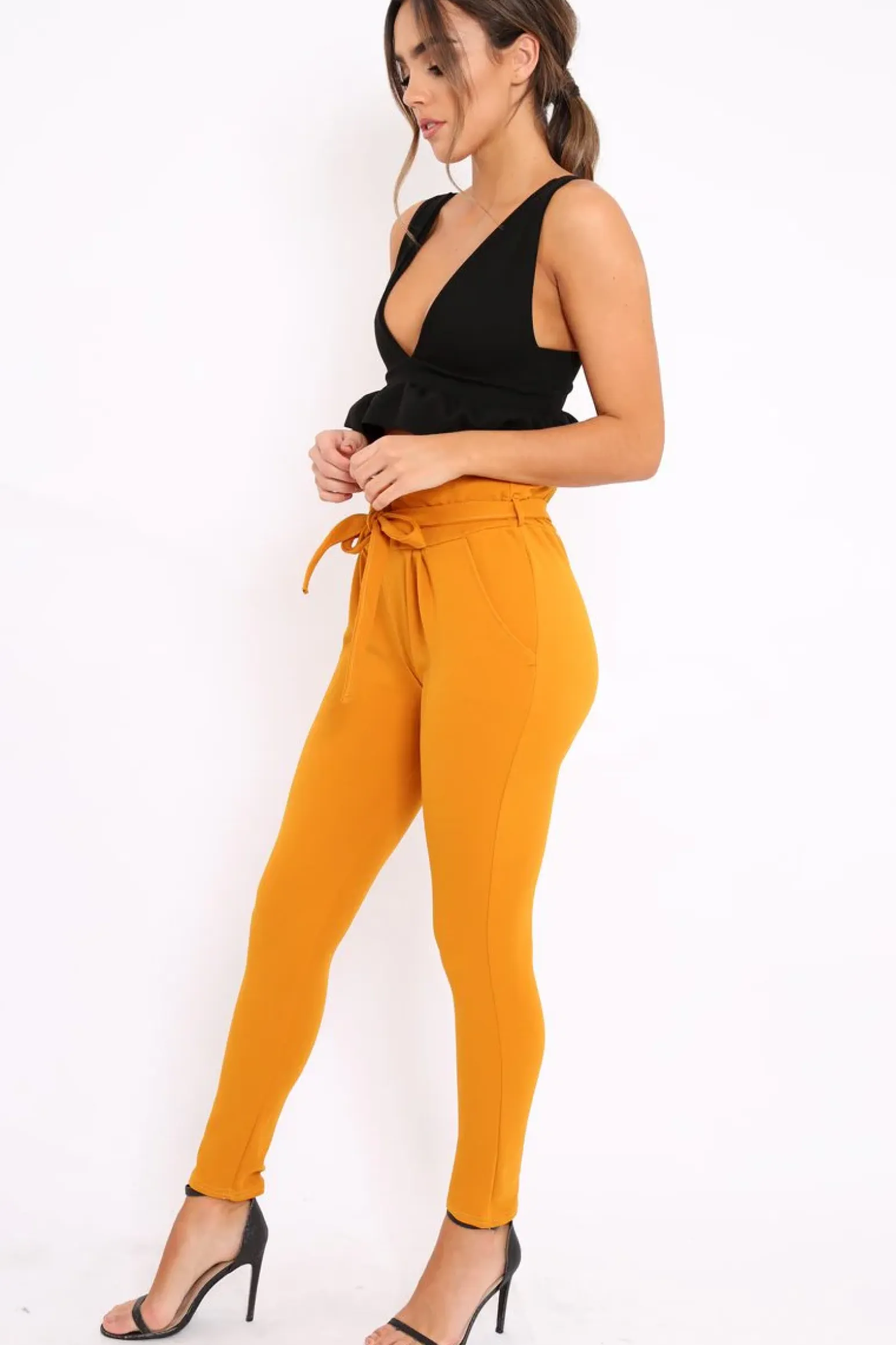 Rebellious Fashion Mustard Paper Bag Tie Waist Cigarette Trousers - Karmen