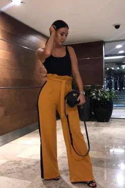 Rebellious Fashion Mustard Paper Bag Tie Waist Wide Leg Trousers With Black Stripe - Kennedy