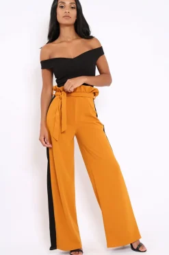 Rebellious Fashion Mustard Paper Bag Tie Waist Wide Leg Trousers With Black Stripe - Kennedy
