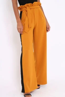 Rebellious Fashion Mustard Paper Bag Tie Waist Wide Leg Trousers With Black Stripe - Kennedy