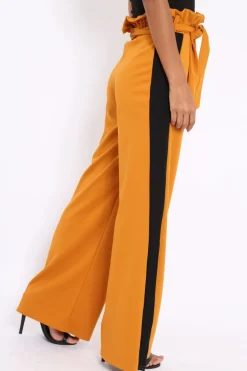 Rebellious Fashion Mustard Paper Bag Tie Waist Wide Leg Trousers With Black Stripe - Kennedy