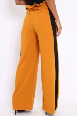 Rebellious Fashion Mustard Paper Bag Tie Waist Wide Leg Trousers With Black Stripe - Kennedy