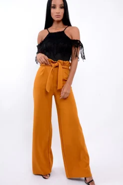 Rebellious Fashion Mustard Paper Bag Tie Waist Wide Leg Trousers - Kennedy