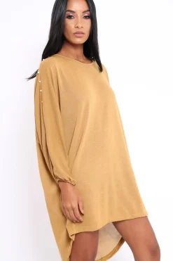 Rebellious Fashion Mustard Pearl Detail Jumper Dress - Ammi