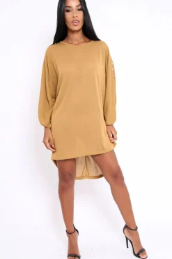 Rebellious Fashion Mustard Pearl Detail Jumper Dress - Ammi