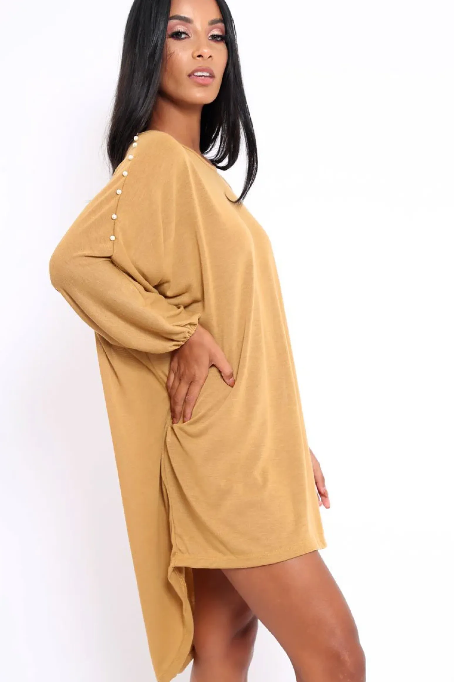 Rebellious Fashion Mustard Pearl Detail Jumper Dress - Ammi