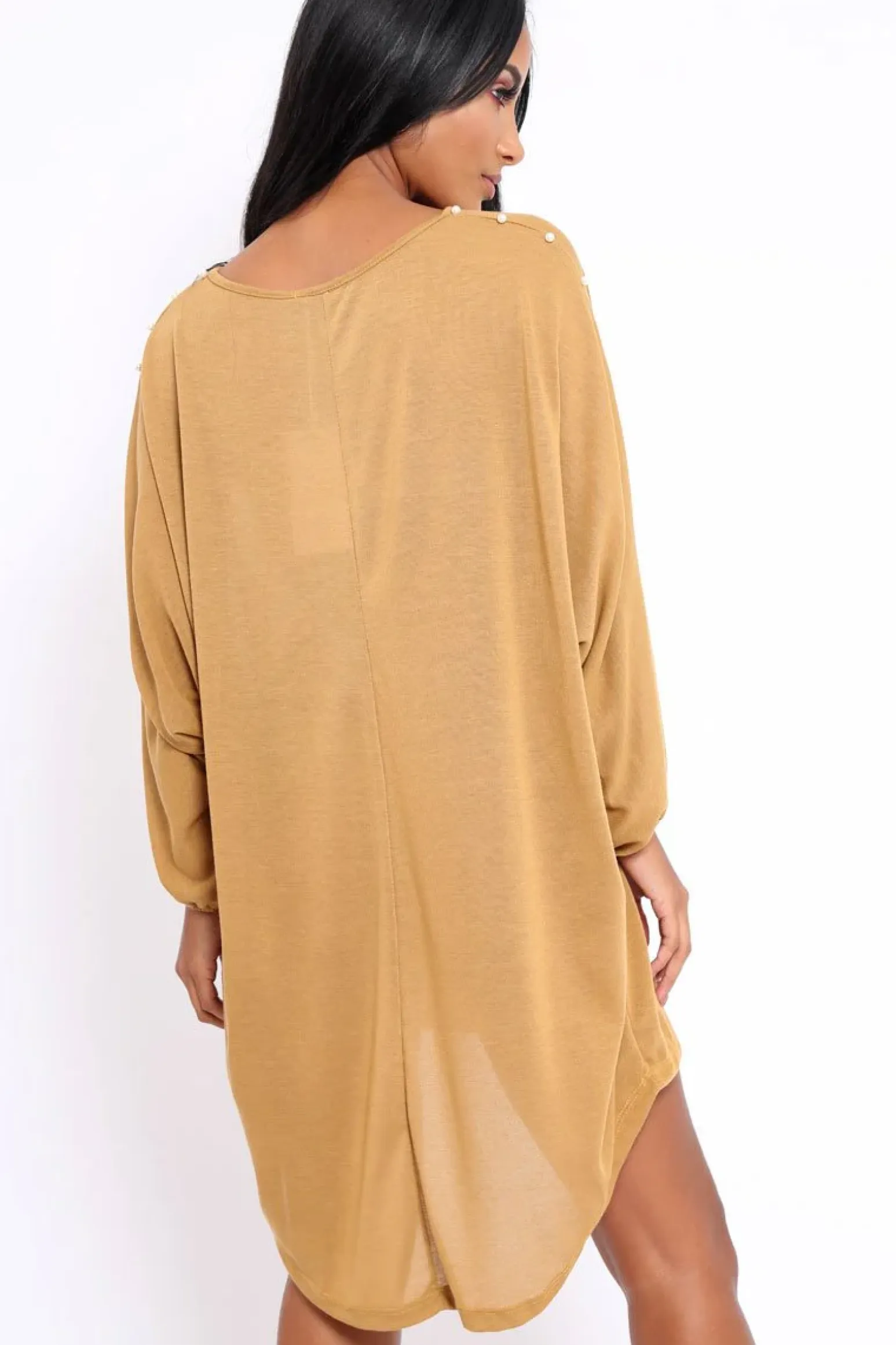 Rebellious Fashion Mustard Pearl Detail Jumper Dress - Ammi