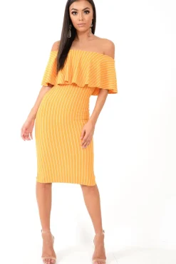 Rebellious Fashion Mustard Pinstripe Frill Bardot Bodycon Midi Dress -Jovey