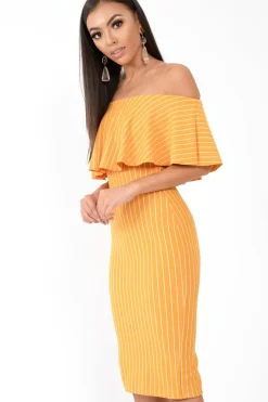 Rebellious Fashion Mustard Pinstripe Frill Bardot Bodycon Midi Dress -Jovey