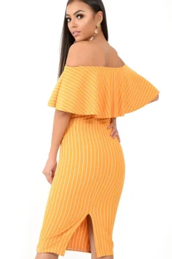 Rebellious Fashion Mustard Pinstripe Frill Bardot Bodycon Midi Dress -Jovey