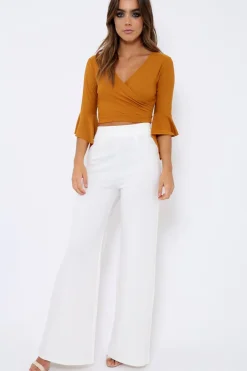 Rebellious Fashion Mustard Plunge Bell Sleeve Crop Top - Merla
