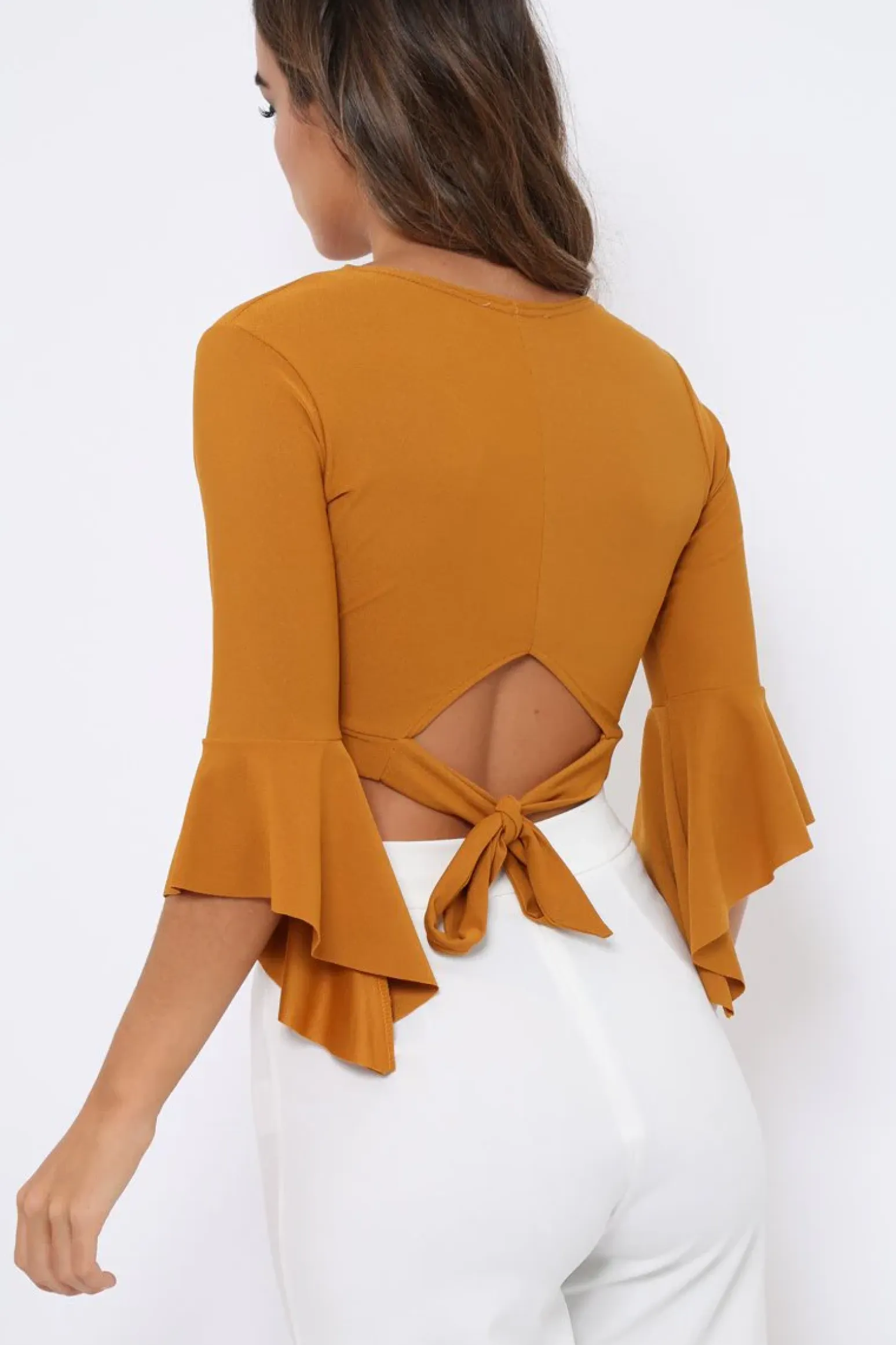 Rebellious Fashion Mustard Plunge Bell Sleeve Crop Top - Merla