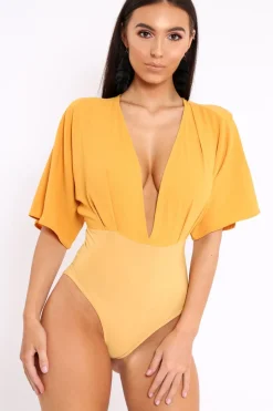 Rebellious Fashion Mustard Plunge Bodysuit - Florence