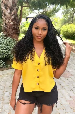 Rebellious Fashion Mustard Plunge Button Up Crop Blouse - Merina