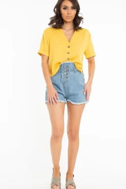 Rebellious Fashion Mustard Plunge Button Up Crop Blouse - Merina