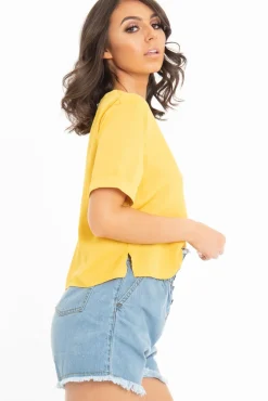 Rebellious Fashion Mustard Plunge Button Up Crop Blouse - Merina