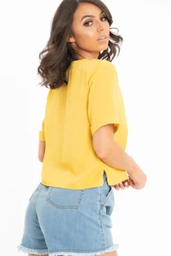 Rebellious Fashion Mustard Plunge Button Up Crop Blouse - Merina