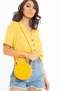 Rebellious Fashion Mustard Plunge Button Up Crop Blouse - Merina