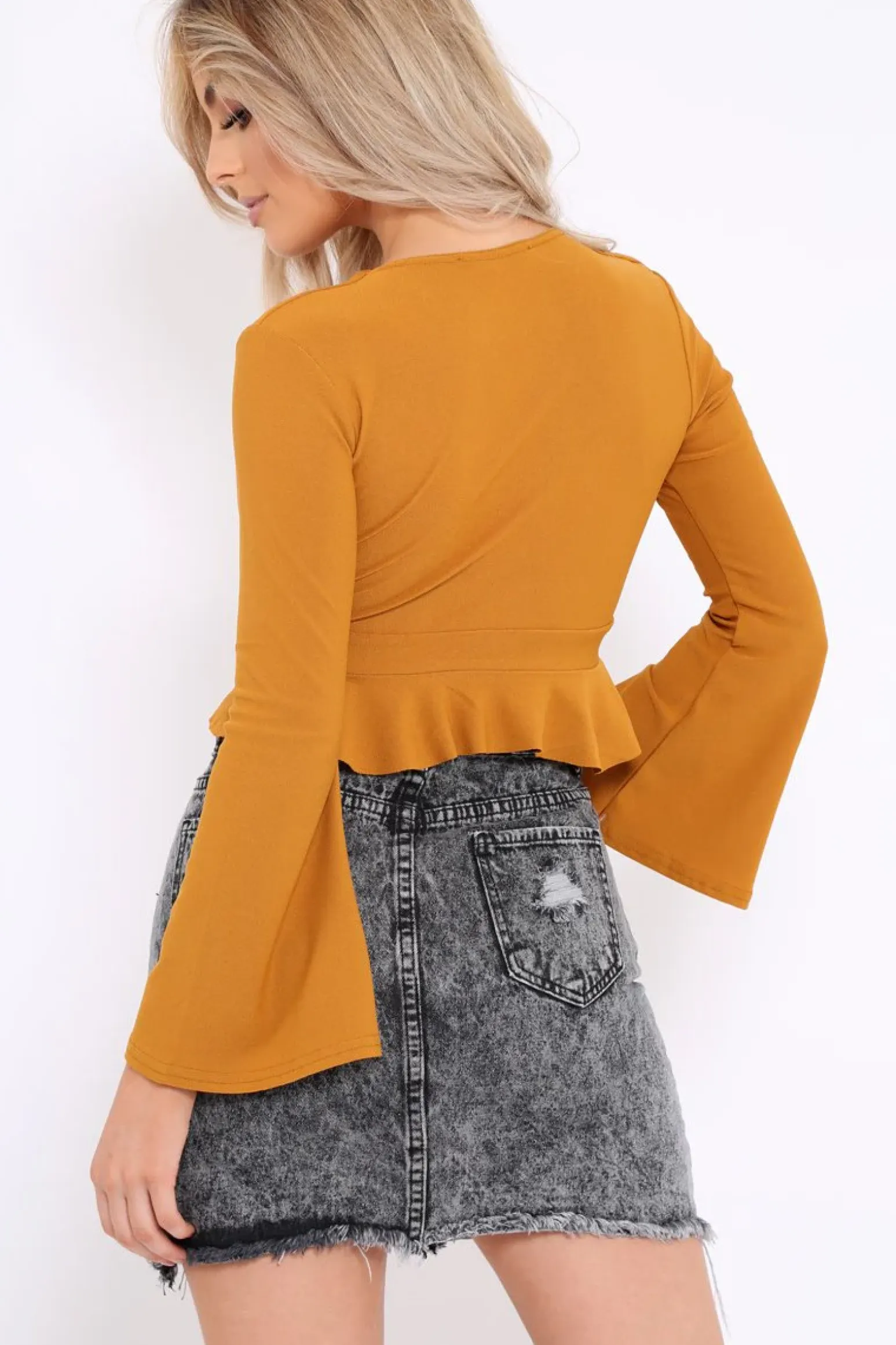 Rebellious Fashion Mustard Plunge Flare Sleeve Crop Top with Frill Hem - Masie