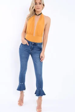 Rebellious Fashion Mustard Plunge Halterneck Bodysuit - Lona