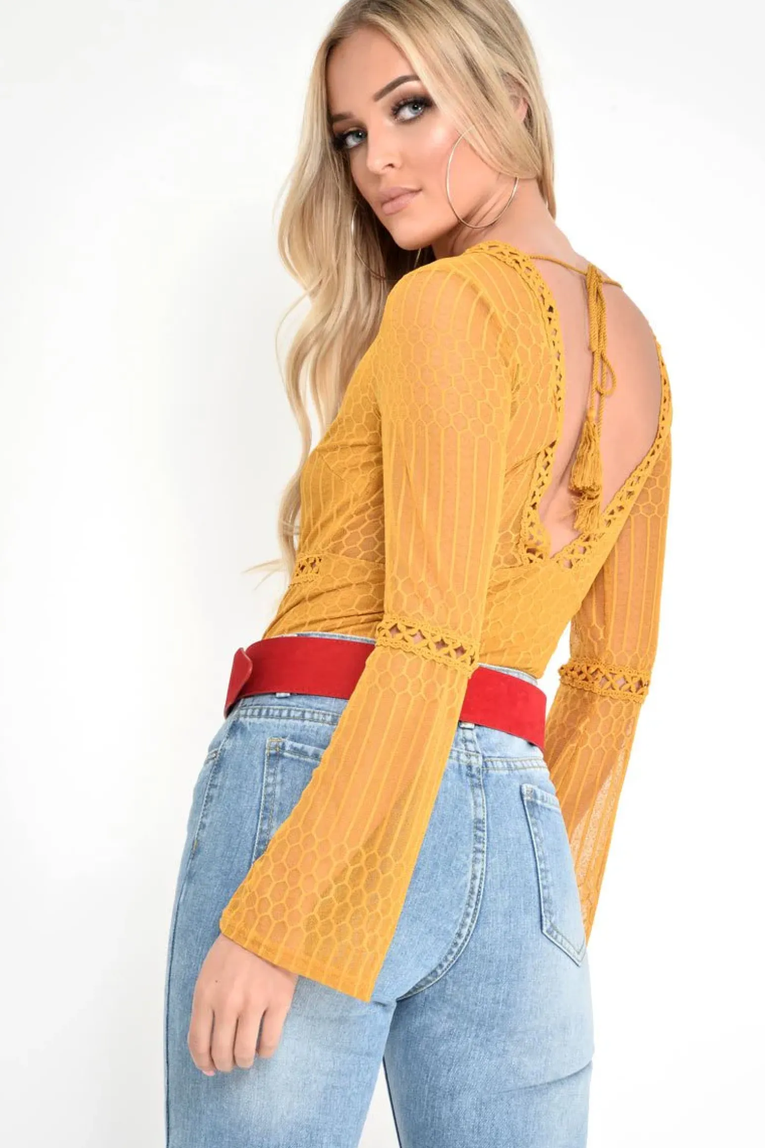Rebellious Fashion Mustard Plunge Lace Crochet Long Sleeved Bodysuit - Edyn