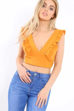 Rebellious Fashion Mustard Plunge Ruffle Crop Top - Sofia