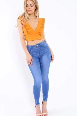 Rebellious Fashion Mustard Plunge Ruffle Crop Top - Sofia
