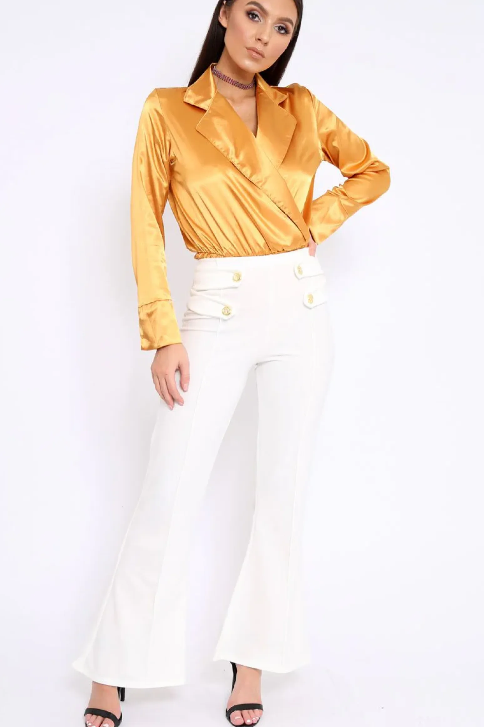 Rebellious Fashion Mustard Plunge Satin Bodysuit - Rebeka
