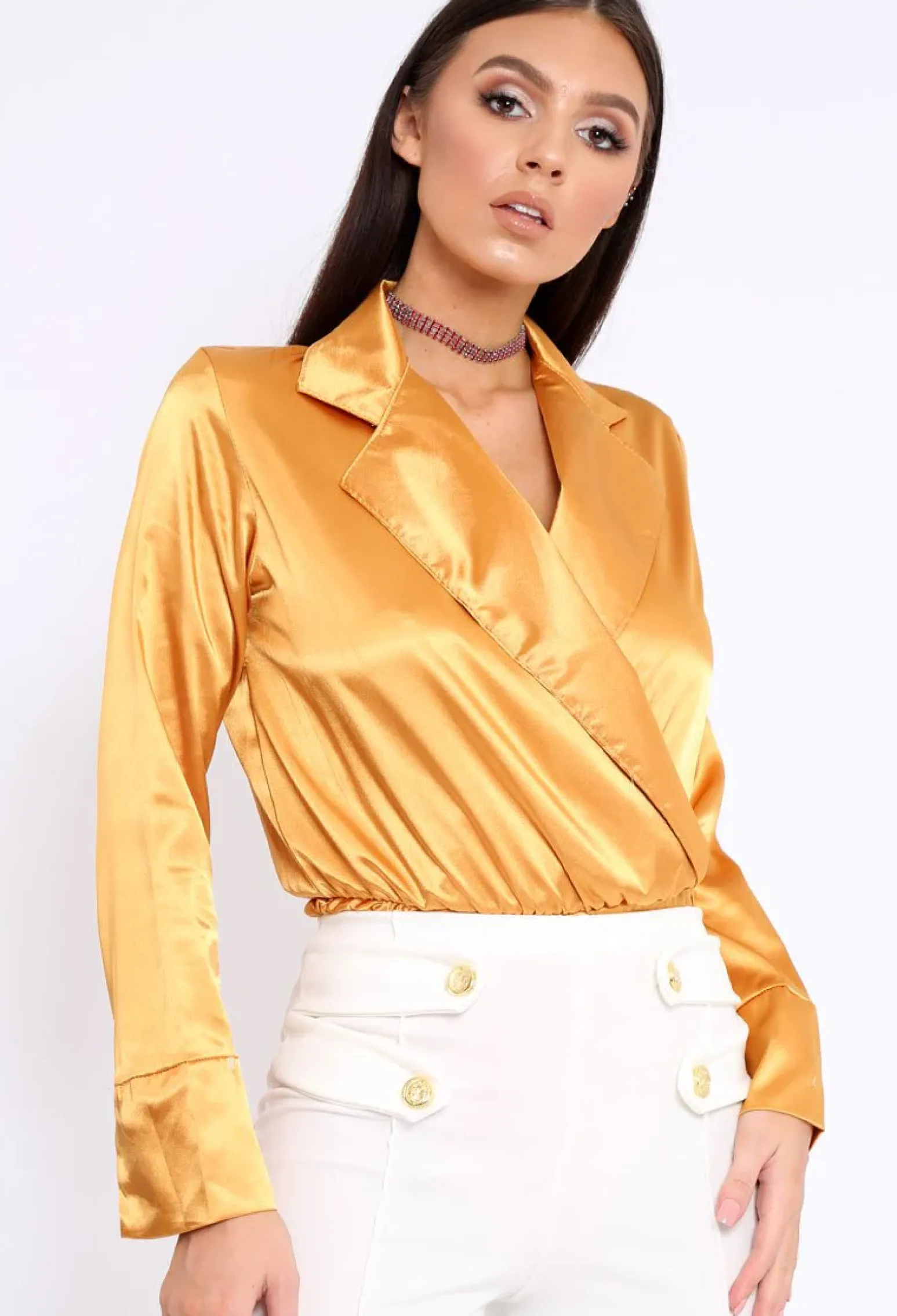 Rebellious Fashion Mustard Plunge Satin Bodysuit - Rebeka
