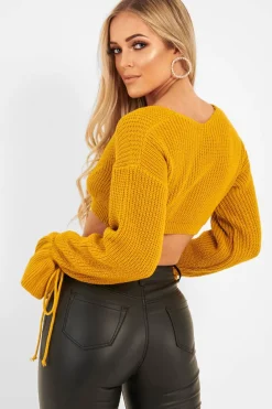 Rebellious Fashion Mustard Plunge Sleeve Detail Crop Jumper - Ivree