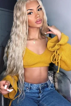 Rebellious Fashion Mustard Plunge Sleeve Detail Crop Jumper - Ivree