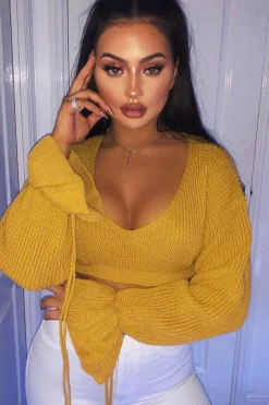 Rebellious Fashion Mustard Plunge Sleeve Detail Crop Jumper - Ivree