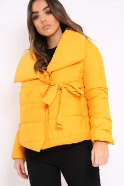 Rebellious Fashion Mustard Puffer Jacket with Tie Front - Lolamae