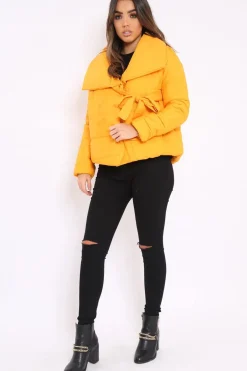 Rebellious Fashion Mustard Puffer Jacket with Tie Front - Lolamae