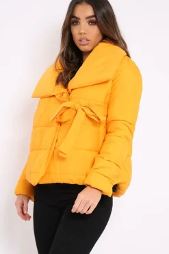 Rebellious Fashion Mustard Puffer Jacket with Tie Front - Lolamae