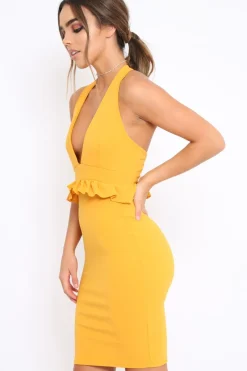 Rebellious Fashion Mustard Racer Back Frill Midi Dress - Camilla